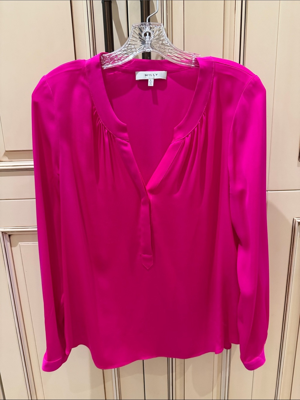 Milly Bright Fuchsia Split-Neck Long Sleeve Blouse